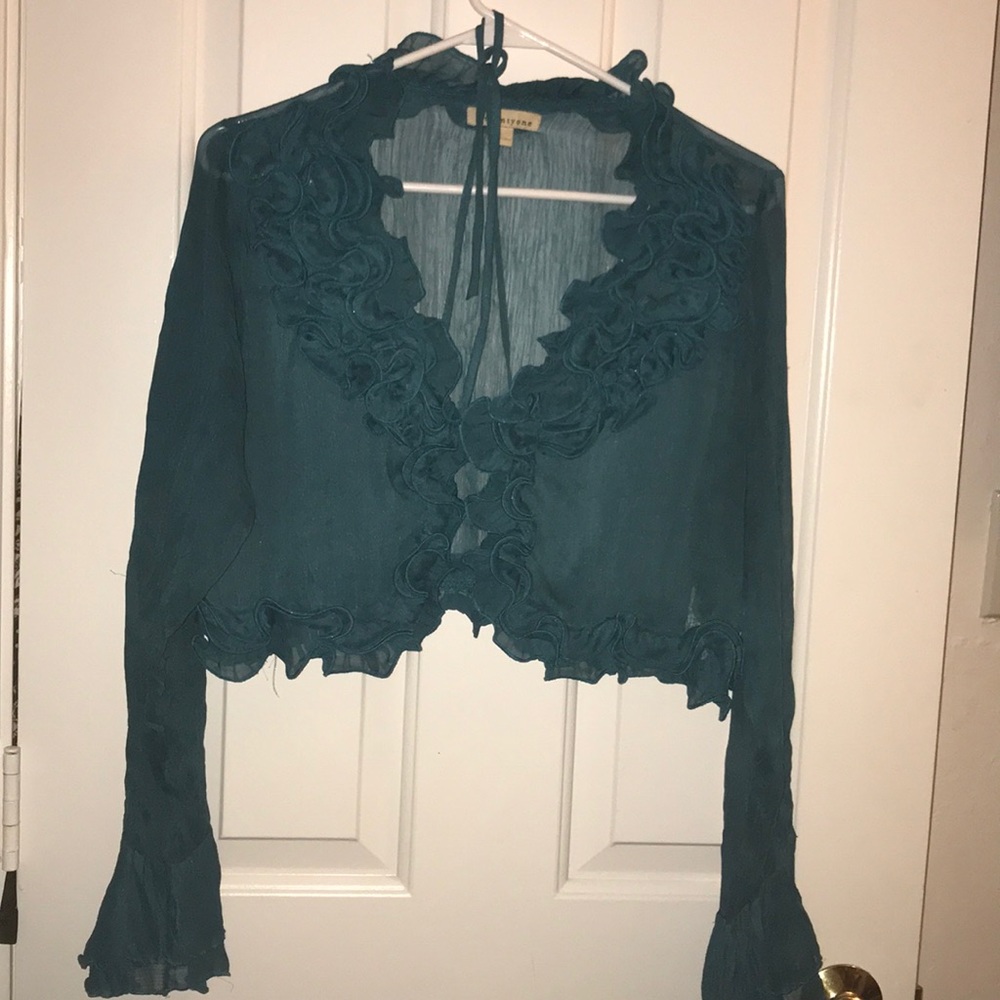 Sheer long sleeved ruffled wrap around crop top